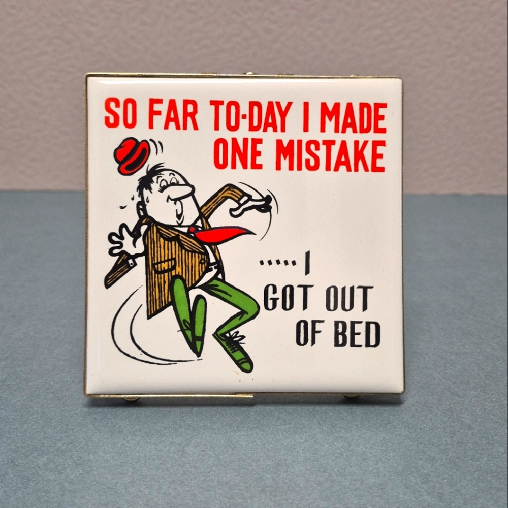 Vintage MCM Ceramic Tile with Humorous Message Artwork - Display Stand - Decor